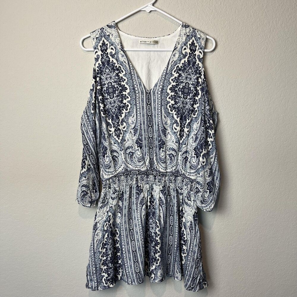 Alice + Olivia Dress Womens 0 Blue White Paisley Cold Shoulder Mini Boho